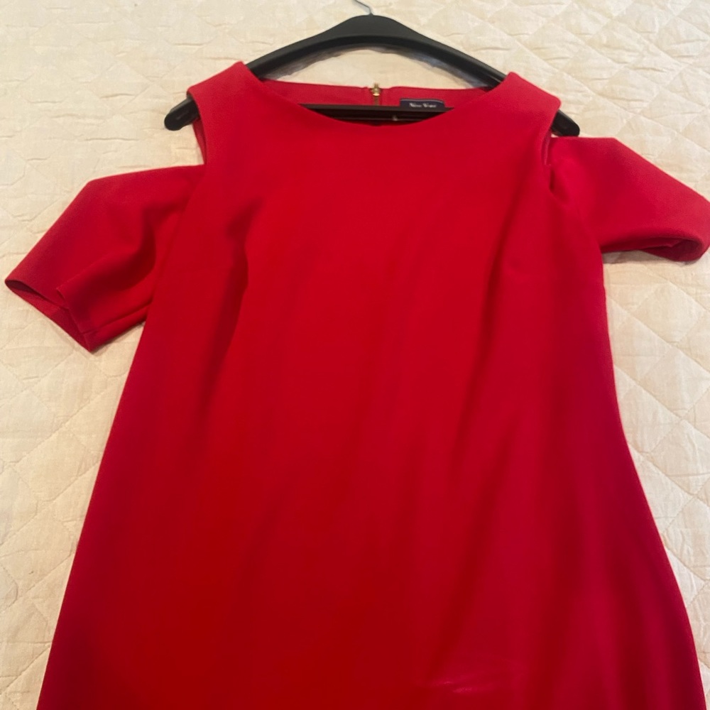Red cold shoulder midi dress.